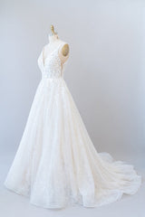Wedding Dress Stores, Long A-line V-neck Open Back Appliques Lace Tulle Wedding Dress