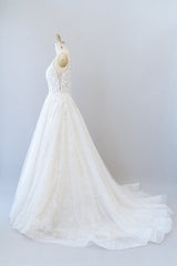 Wedding Dresses Brides, Long A-line V-neck Open Back Appliques Lace Tulle Wedding Dress