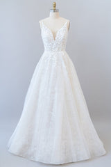 Wedding Dresses Store, Long A-line V-neck Open Back Appliques Lace Tulle Wedding Dress