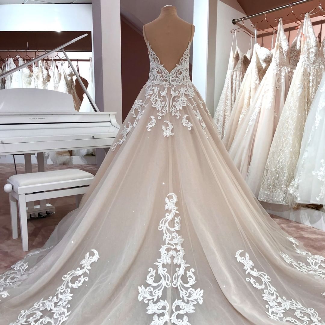 Wedding Dresses Boutique, Long A-Line V-neck Spaghetti Straps Backless Appliques Lace Tulle Wedding Dress
