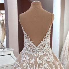Wedding Dress Boutique, Long A-Line V-neck Spaghetti Straps Backless Appliques Lace Tulle Wedding Dress