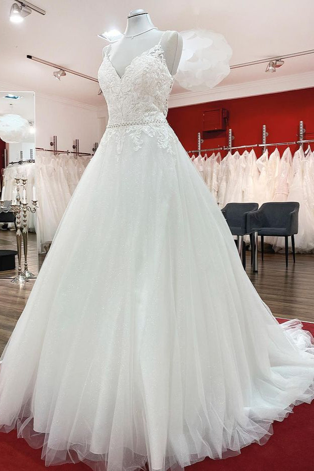 Wedding Dresses Vintage, Long A-line V-neck Spaghetti Straps Backless Wedding Dress with Lace