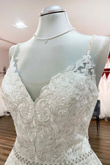 Wedding Dress Styles, Long A-line V-neck Spaghetti Straps Backless Wedding Dress with Lace
