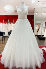 Wedding Dress Ideas, Long A-line V-neck Spaghetti Straps Backless Wedding Dress with Lace