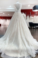 Wedding Dress And Veil, Long A-line V-neck Spaghetti Straps Tulle Lace Backless Wedding Dress