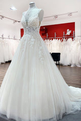 Wedding Dress Flower, Long A-line V-neck Spaghetti Straps Tulle Lace Backless Wedding Dress