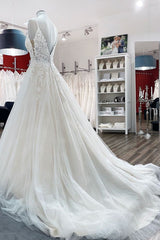 Wedding Dress Flowers, Long A-line V-neck Spaghetti Straps Tulle Lace Backless Wedding Dress