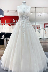 Wedding Dresses And Veils, Long A-line V-neck Spaghetti Straps Tulle Lace Backless Wedding Dress