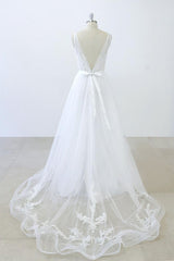 Wedding Dress Fashion, Long A-line V-neck Sweetheart Ruffle Applqiues Tulle Backless Wedding Dress