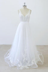 Wedding Dresses Fashion, Long A-line V-neck Sweetheart Ruffle Applqiues Tulle Backless Wedding Dress