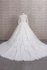 Wedding Dresses Under105, Long A-line V-neck Tulle Appliques Lace Wedding Dress with Sleeves