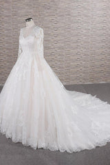 Wedding Dress Under 105, Long A-line V-neck Tulle Appliques Lace Wedding Dress with Sleeves