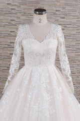 Wedding Dresses Custom, Long A-line V-neck Tulle Appliques Lace Wedding Dress with Sleeves