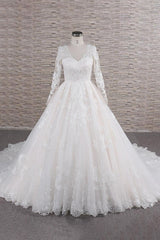 Wedding Dress Stores Near Me, Long A-line V-neck Tulle Appliques Lace Wedding Dress with Sleeves