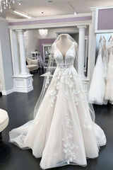 Wedding Dresses Under, Long A-line V-neck Tulle Appliques Lace Wedding Dress