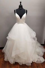 Weddings Dresses Fall, Long A-line V-neck Tulle Backless Wedding Dress