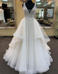 Wedding Dresses With Lace, Long A-line V-neck Tulle Lace Wedding Dress