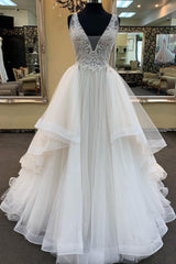 Wedding Dress With Lacing, Long A-line V-neck Tulle Lace Wedding Dress