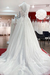 Wedding Dress Classic Elegant, Long A-line V-neck Tulle Lace White Ruffles Wedding Dresses