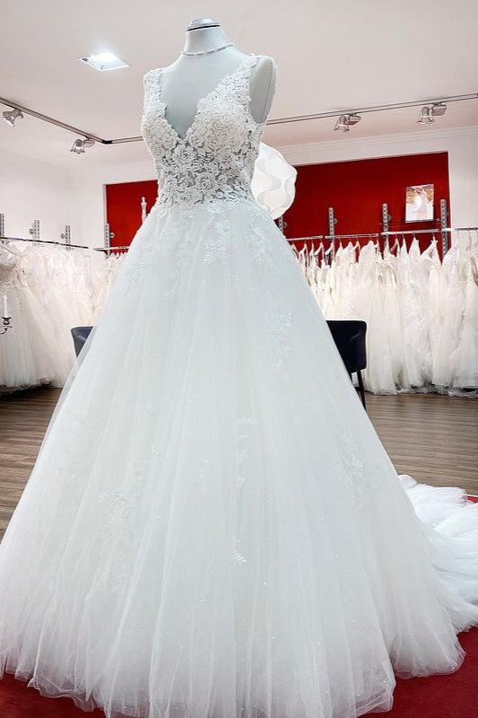 Wedding Dresses Classic Elegant, Long A-line V-neck Tulle Lace White Ruffles Wedding Dresses