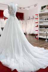 Wedding Dress Classic Elegance, Long A-line V-neck Tulle Lace White Ruffles Wedding Dresses