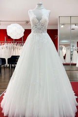 Wedding Dress Lace A Line, Long A-line V-neck Tulle Lace White Ruffles Wedding Dresses