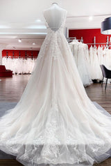 Wedding Dresses Wedding Dresses, Long A-line V-neck Tulle Sleeveless Appliques Lace Backless Wedding Dress