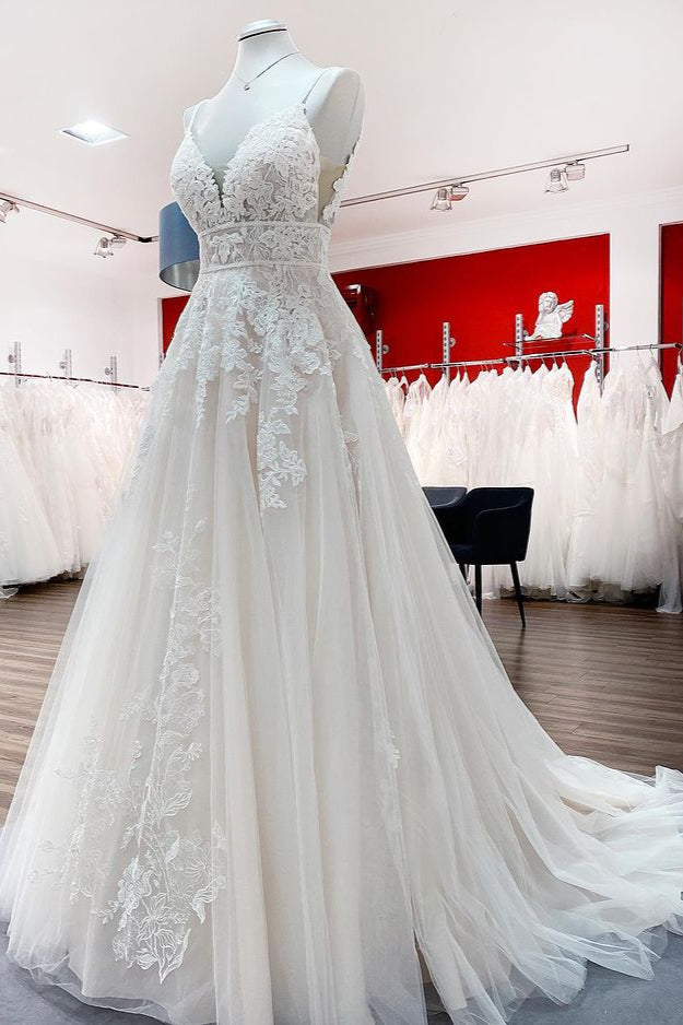 Wedding Dress Wedding Dress, Long A-line V-neck Tulle Sleeveless Appliques Lace Backless Wedding Dress