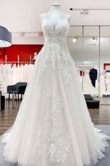Wedding Dresses Aesthetic, Long A-line V-neck Tulle Sleeveless Appliques Lace Backless Wedding Dress
