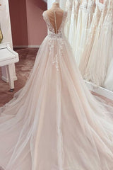 Wedding Dresses For, Long A-Line V-neck Wide Straps Appliques Lace Tulle Wedding Dress