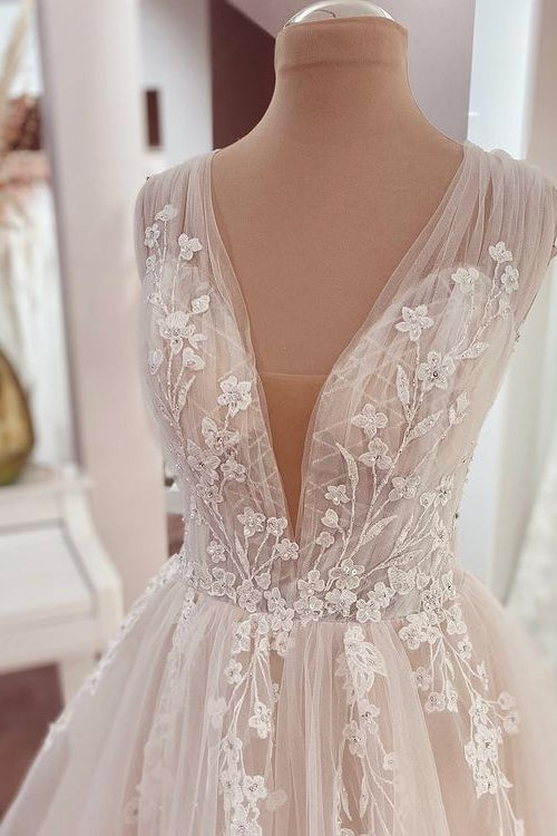 Wedding Dresses, Long A-Line V-neck Wide Straps Appliques Lace Tulle Wedding Dress