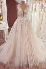 Wedding Dress With Straps, Long A-Line V-neck Wide Straps Appliques Lace Tulle Wedding Dress