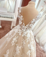 Wedding Dresses Costs, Long A-Line V-neck Wide Straps Backless Appliques Lace Tulle Wedding Dress