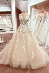 Wedding Dress Cost, Long A-Line V-neck Wide Straps Backless Appliques Lace Tulle Wedding Dress