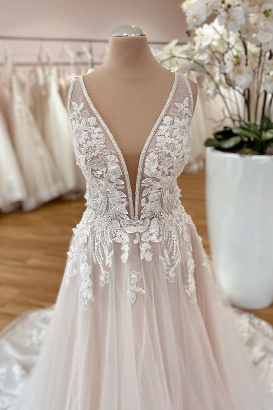 Wedding Dresses 2024, Long A-Line Wide Straps Tulle  Floral Lace Wedding Dress