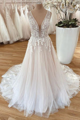 Wedding Dresses Cheap, Long A-Line Wide Straps Tulle  Floral Lace Wedding Dress