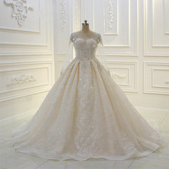 Wedding Dress Couture, Long Ball Gown Beading Bateau Appliques Lace Wedding Dress with Sleeves