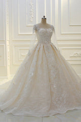 Wedding Dresses Couture, Long Ball Gown Beading Bateau Appliques Lace Wedding Dress with Sleeves
