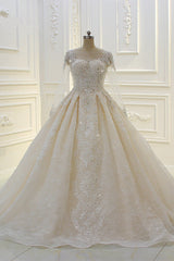 Wedding Dresses Country, Long Ball Gown Beading Bateau Appliques Lace Wedding Dress with Sleeves