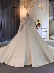 Wedding Dress Shoe, Long Ball Gown High Neck Tulle Lace Wedding Dresses with Sleeves