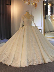 Wedding Dresses Lace Beach, Long Ball Gown Lace-Up Sparkling V-Neck Wedding Dresses with Sleeves