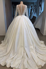 Wedding Dress Simpl, Long Ball Gown Satin V-neck Wedding Dress with Sleeves