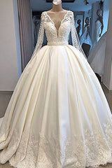 Wedding Dresses 2026, Long Ball Gown Satin V-neck Wedding Dress with Sleeves