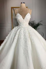 Wedding Dress Order Online, Long Ball Gown Spaghetti Strap Appliques Lace Satin Wedding Dress
