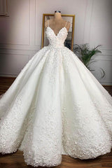 Wedding Dresses A Line Sleeves, Long Ball Gown Spaghetti Strap Appliques Lace Satin Wedding Dress