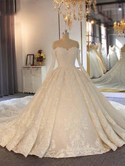 Wedding Dress Shoes, Long Ball Gown Sweetheart Lace Beading Wedding Dresses with Sleeves
