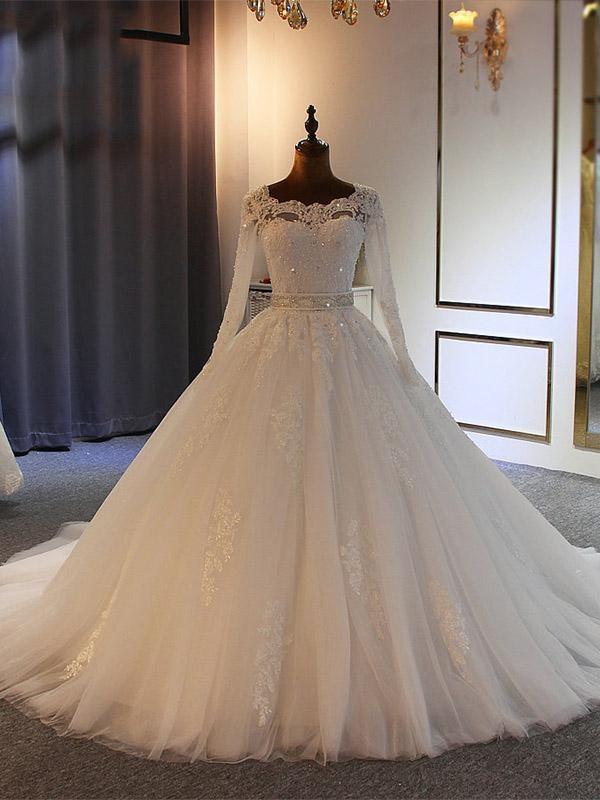 Wedding Dress Rustic, Long Ball Gown Sweetheart Tulle Lace Wedding Dresses with Sleeves