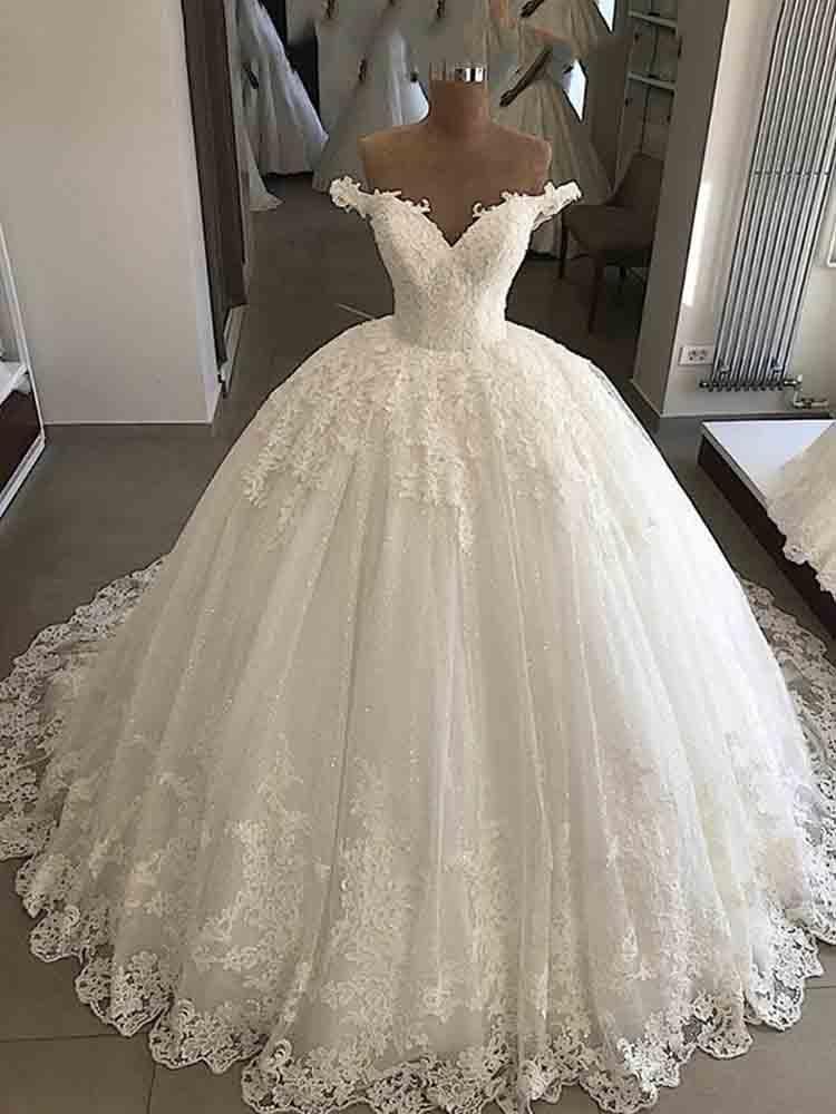Wedding Dresses Winter, Long Ball Gown V-Neck Lace Tulle Wedding Dresses
