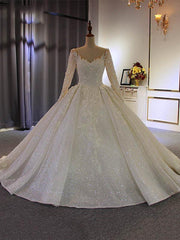 Wedding Dressed Under 1005, Long Ball Gown V Neck Sequins Wedding Dresses with Sleeves