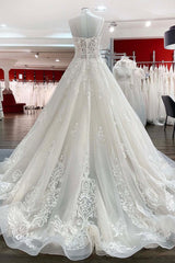 Wedsing Dress Princess, Long Ball Gown V-neck Spaghetti Straps Tulle Lace Wedding Dress